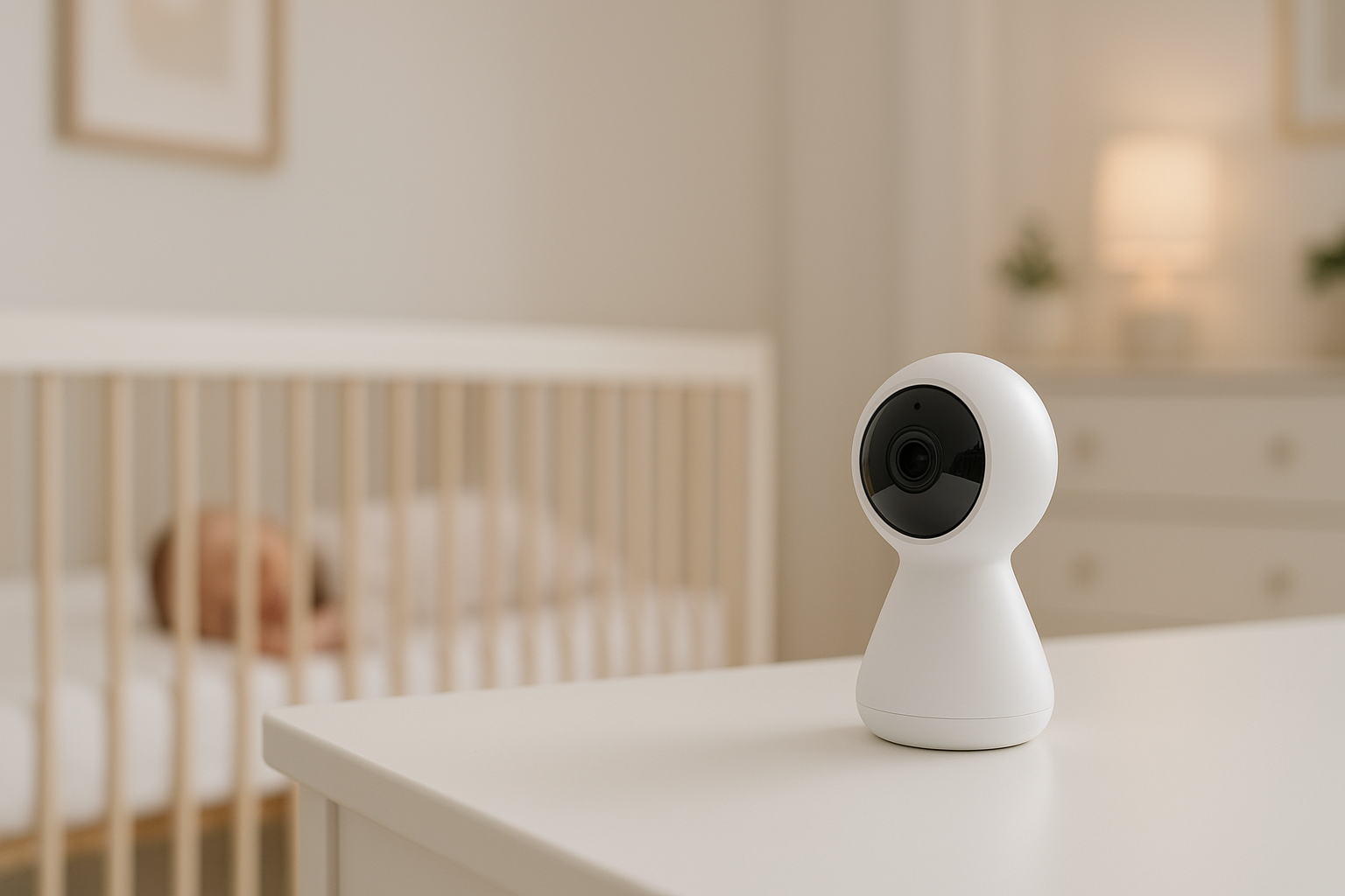 "High-resolution, modern, clean shot of a sleek, white smart baby monitor discreetly placed in a beautifully designed, minimalist nursery. A contented, sleeping baby is partially visible in the background crib, out of focus. Soft, calming, ambient lighting. Professional, aspirational home photography." sized shoud be 1920x900 and left side of image little bit free for text1621243260e1af0c20-2