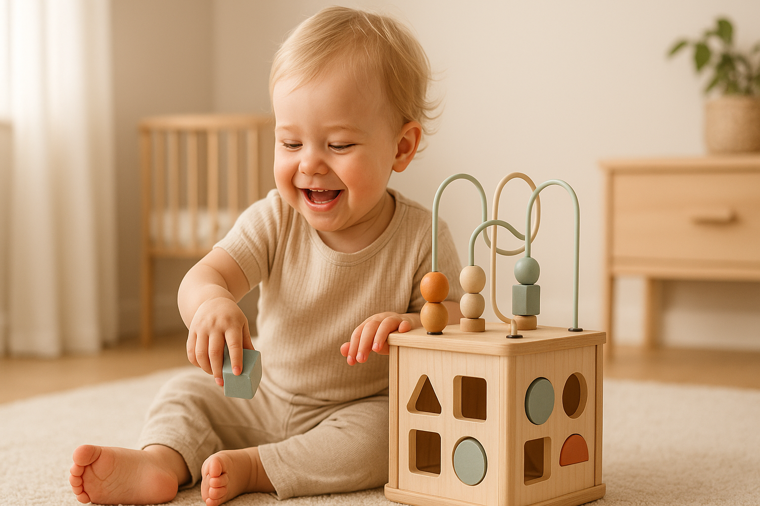 Photorealistic image of a happy toddler (1-2 years old) playing with a modern, beautifully designed wooden educational toy. Soft, bright natural light. Clean, minimalist background in a warm nursery. High resolution, professional photography style. image size should be 1920x9001621243260e1af0c20-0
