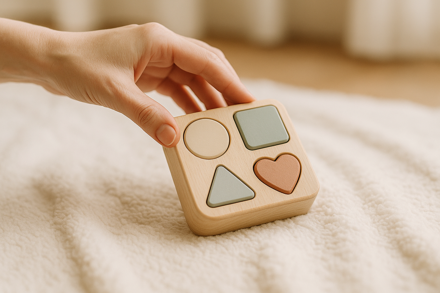 This image needs to convey trust, quality, and a gentle, discerning selection process.

"High-resolution, bright, and clean image of a soft, gentle hand (e.g., a mother or an expert) carefully placing a beautifully designed, minimalist wooden educational toy onto a plush, white blanket. The background is blurred, suggesting a focus on quality and care. Professional, warm lighting. Aesthetic, comforting style."