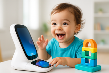 This image should visually represent modernity, technology, and engaging learning.

"High-resolution, vibrant, and dynamic image of a happy toddler (around 18 months old) with sparkling eyes, enthusiastically interacting with a sleek, futuristic-looking smart learning device or an innovative, colorful STEM toy. The background is a clean, bright, modern play space. Soft, diffused lighting. Emphasize engagement and smart technology."

